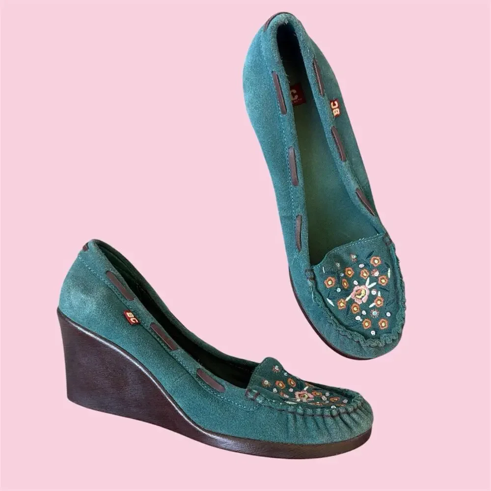 BC Footwear teal suede wedge loafers with embroidered and beaded floral design